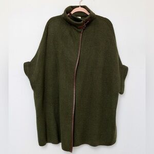 Anthropologie Olive Green Women's Knit Poncho w Leather Trim